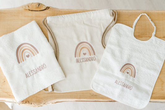 Set Bavaglino e Asciugamano Bianco + Sacca colore Ecrù
